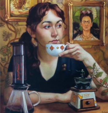 Mona Lisa drinking coffee